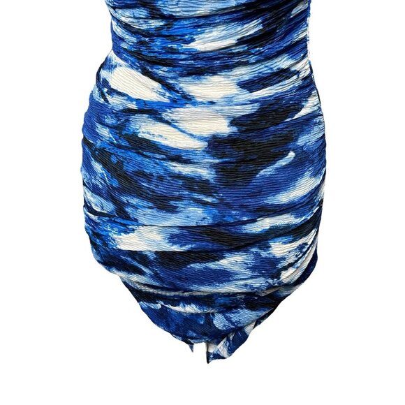 NWOT MISCREANTS One-Shoulder Ruched Mini Dress in Blue Tie Dye - Picture 8 of 12